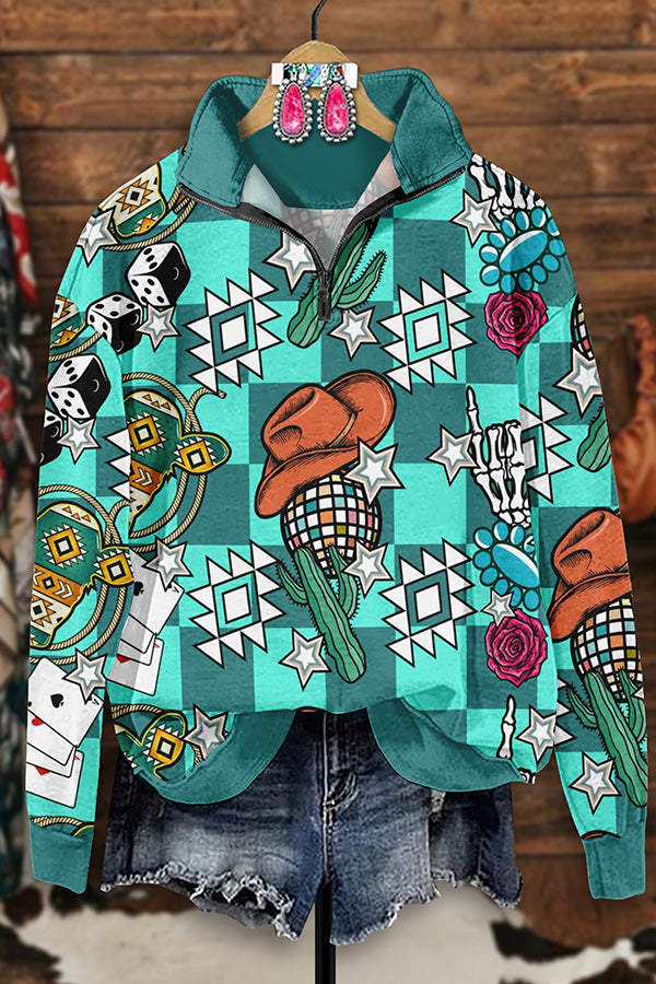 Retro Western Aztec Hat Print Zip-Up Sweatshirt