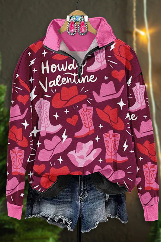 Retro Western Valentine's Day Print Zip-Up Sweatshirt