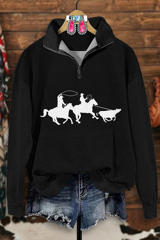 Retro Western Cowboy Print Zipper Sweatshirt