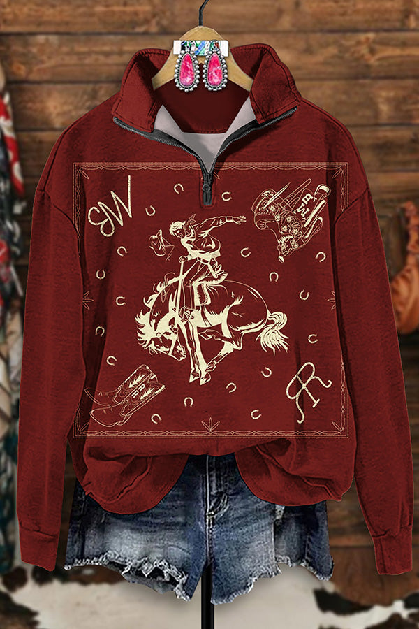 Vintage Western Rodeo Print Zip-Up Sweatshirt