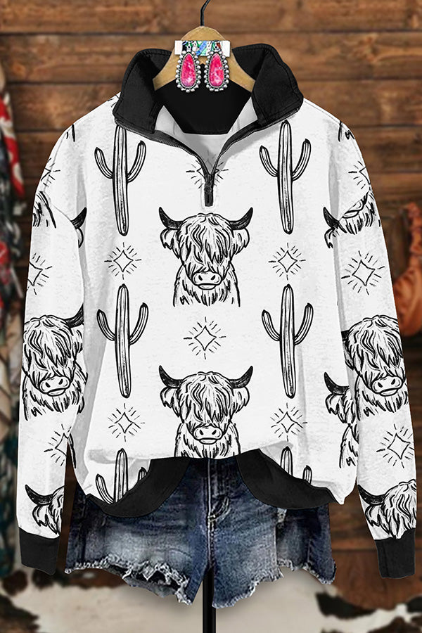 Retro Western Bull Head Print Zip-Up Sweatshirt