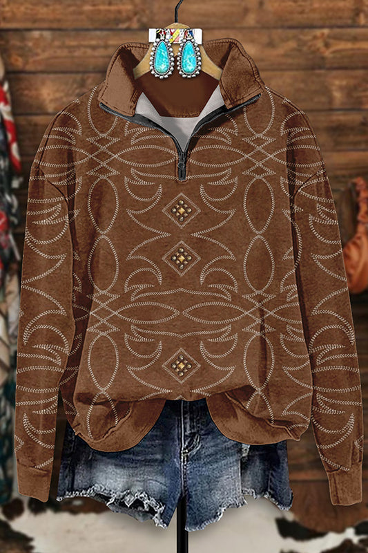 Retro Western Boot Print Zip-Up Sweatshirt