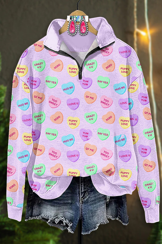 Beautiful Heart Print Zipper Sweatshirt