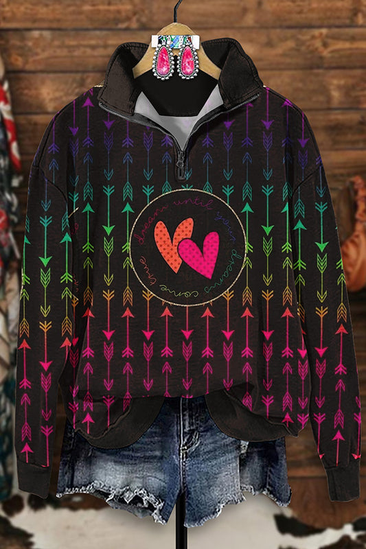 Retro Western Arrow Heart Print Zip-Up Sweatshirt