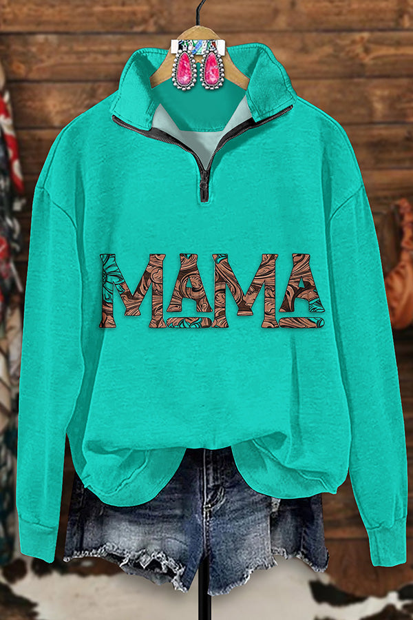 Retro Western MAMA Print Zip-Up Sweatshirt