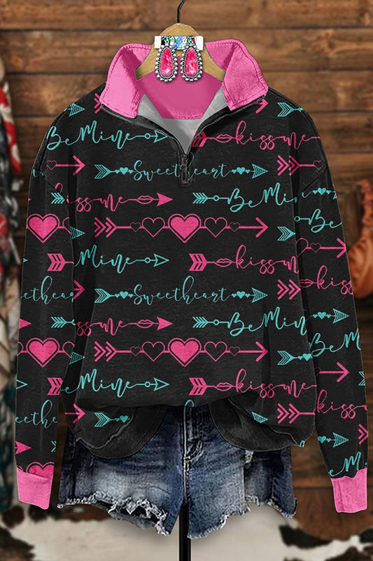 Retro Western Arrow Heart Print Zip-Up Sweatshirt