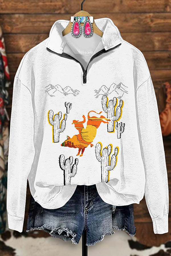 Vintage Western Cactus Print Zip-Up Sweatshirt