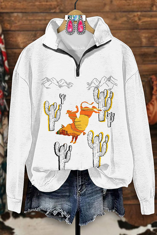 Vintage Western Cactus Print Zip-Up Sweatshirt