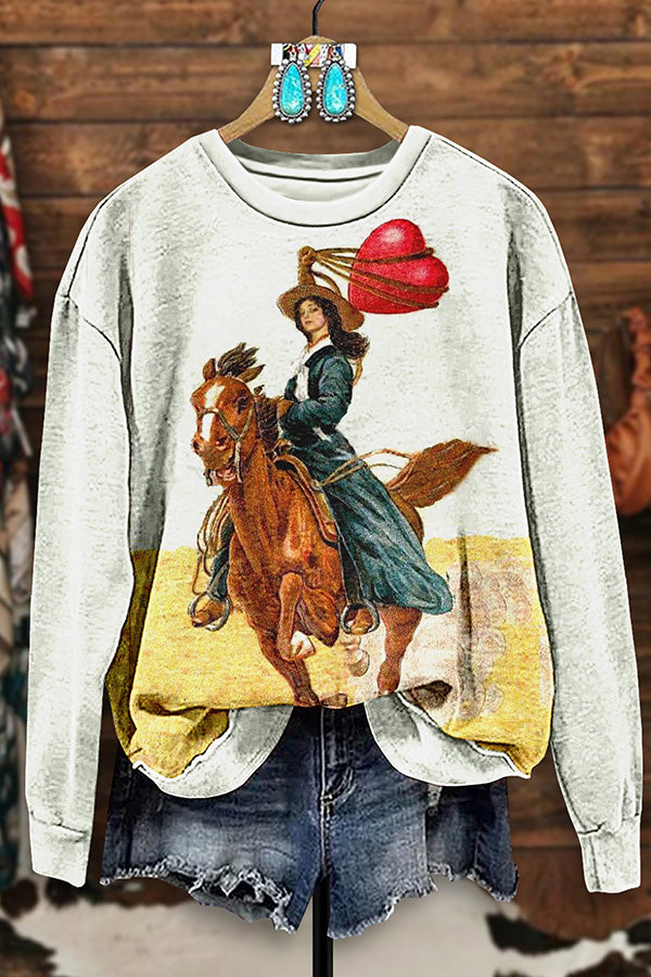 Retro Western Cowgirl Print Sweatshirt