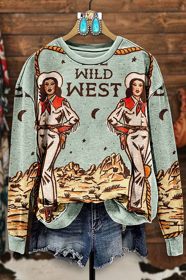 Retro Western Cowgirl Print Sweatshirt