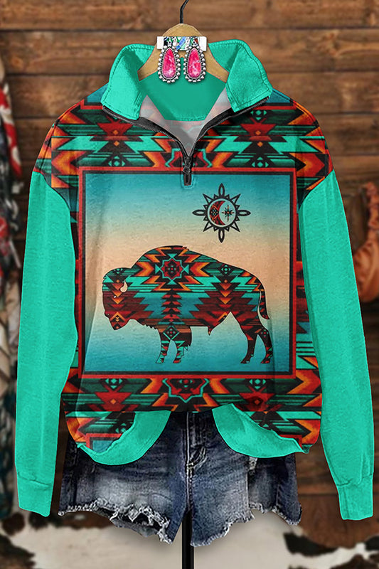 Retro Western Aztec Cow Print Zip-Up Sweatshirt