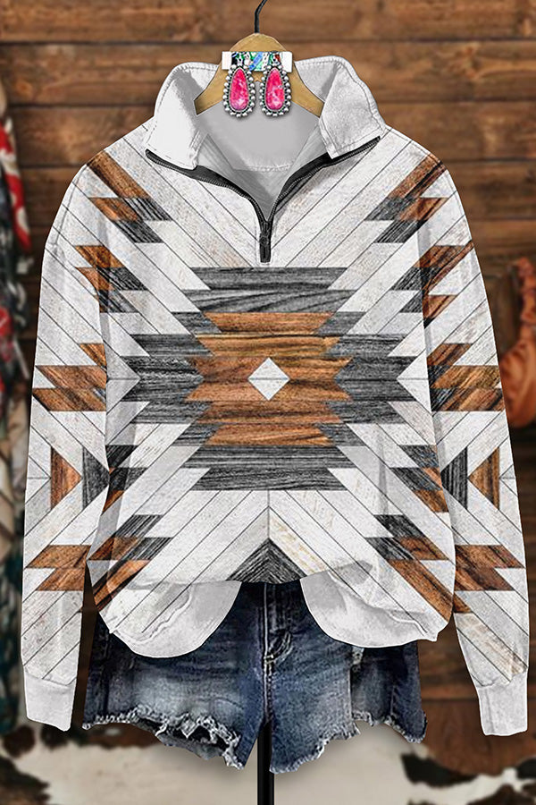 Retro Western Aztec Print Zip-Up Sweatshirt