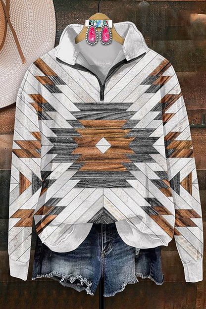 Retro Western Aztec Print Zip-Up Sweatshirt