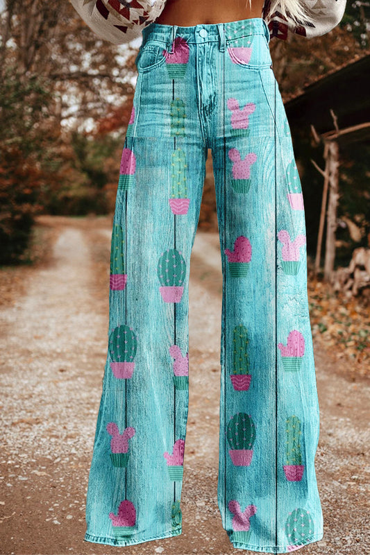 Vintage Western Cactus Print Wide Leg Trousers