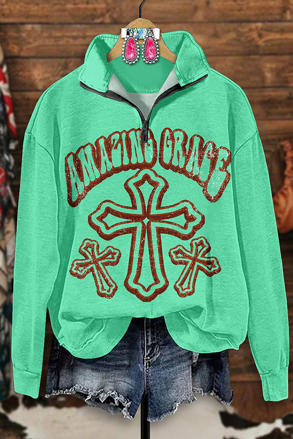 Vintage Cross Print Zip-Up Sweatshirt