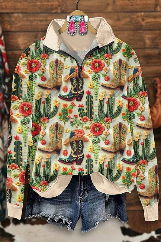 Vintage Western Boots Cactus Print Zip-Up Sweatshirt