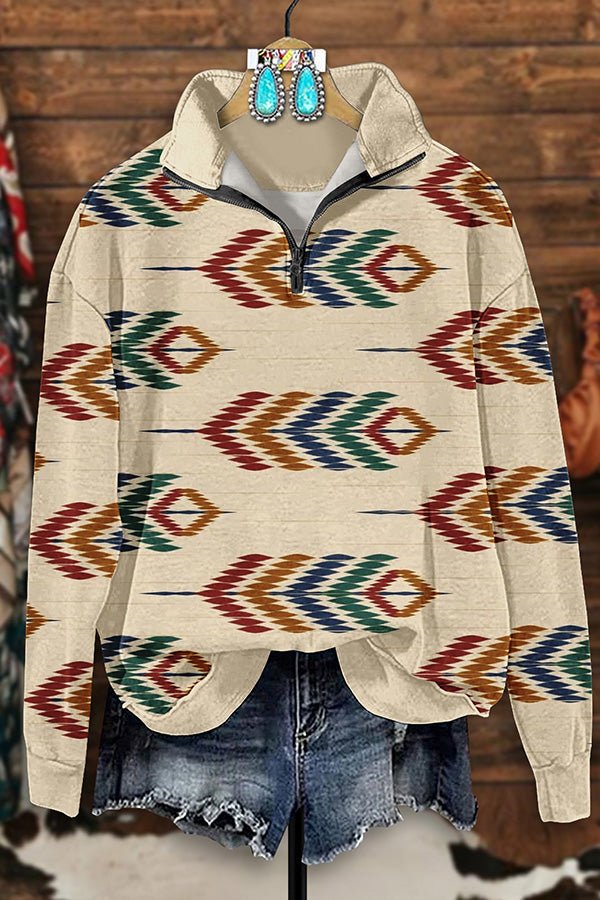 Retro Western Aztec Arrow Print Zip-Up Sweatshirt