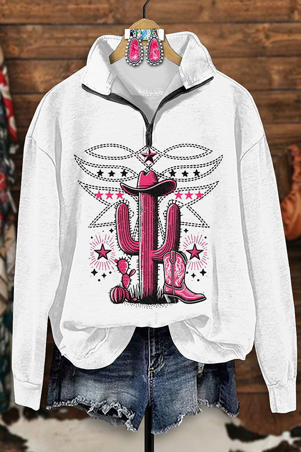 Vintage Western Boots Stitched Cactus Print Zip-Up Sweatshirt