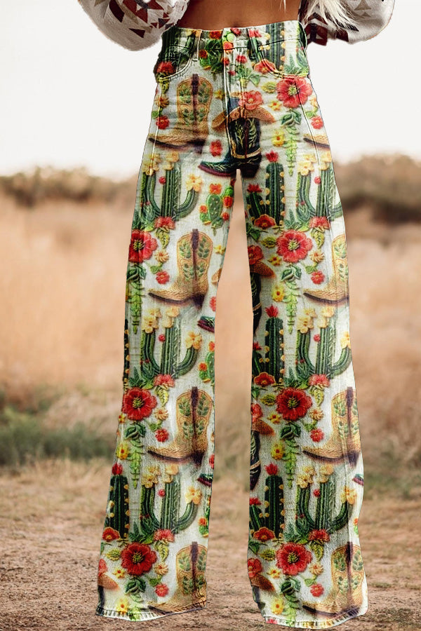 Vintage Western Cactus Wide Leg Pants