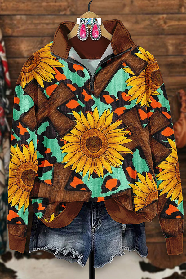 Retro Western Sunflower Cross Print Zip-Up Sweatshirt