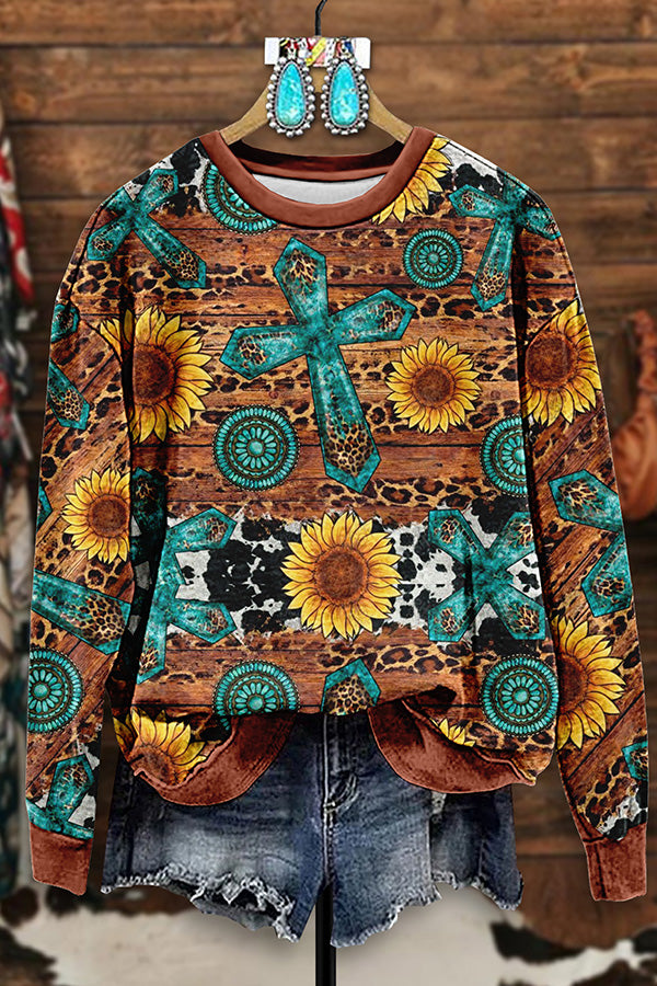 Vintage Western Cross Turquoise Print Sweatshirt