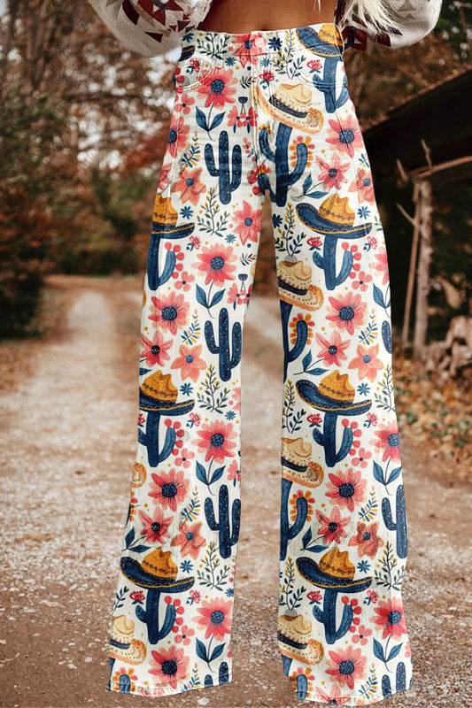 Vintage Western Cactus Print Wide Leg Trousers