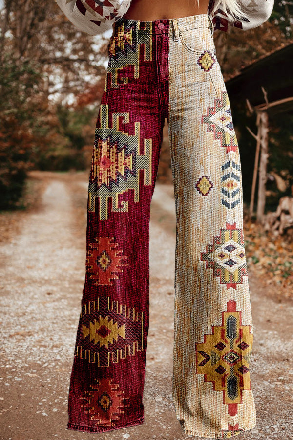 Retro Western Aztec Print Wide Leg Trousers