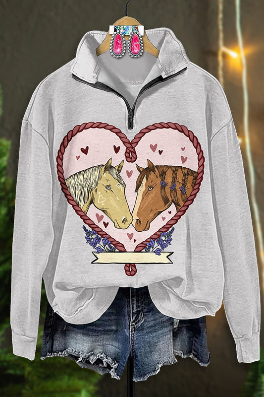 Retro Western Valentine's Day Print Zip-Up Sweatshirt