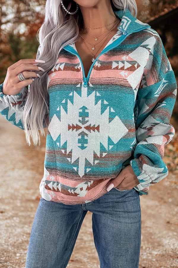 Vintage Aztec Print Half Zip Pullover