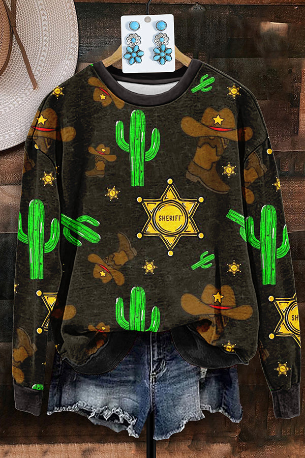 Vintage Western Cactus Hat Print Sweatshirt