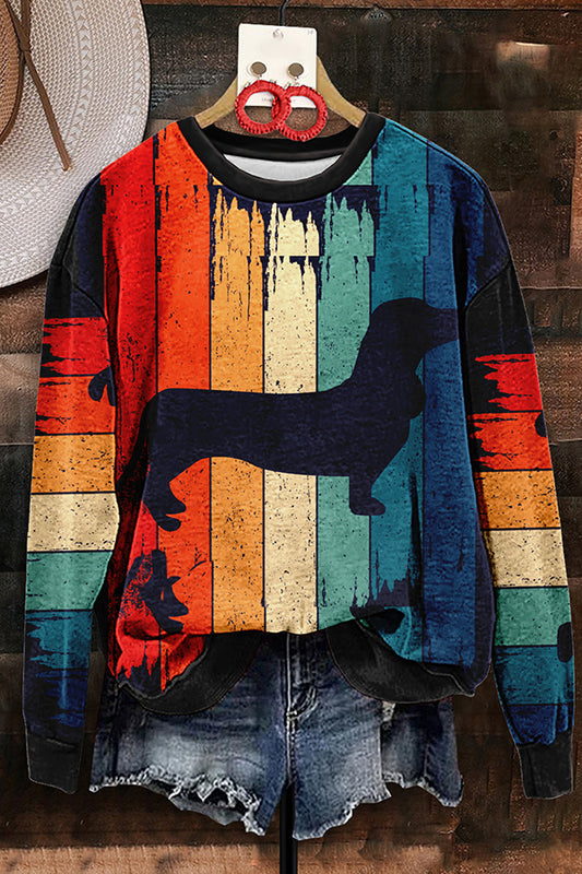 Vintage Striped Dachshund Print Sweatshirt