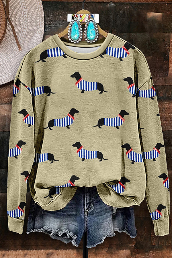 Vintage Striped Dachshund Print Sweatshirt