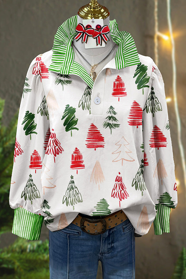 Pretty Christmas Tree Painted Striped Shirt