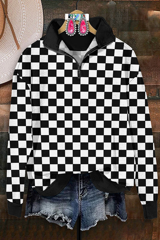 Retro Black and White Checkerboard Print Zip-Up Sweatshirt