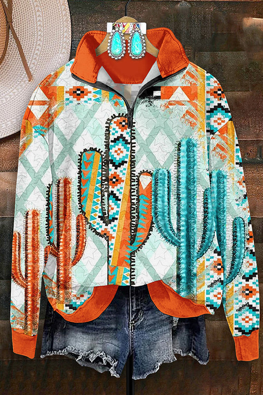 Retro Western Aztec Cactus Print Zip-Up Sweatshirt