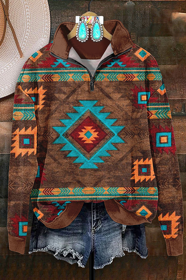 Retro Western Aztec Print Zip-Up Sweatshirt