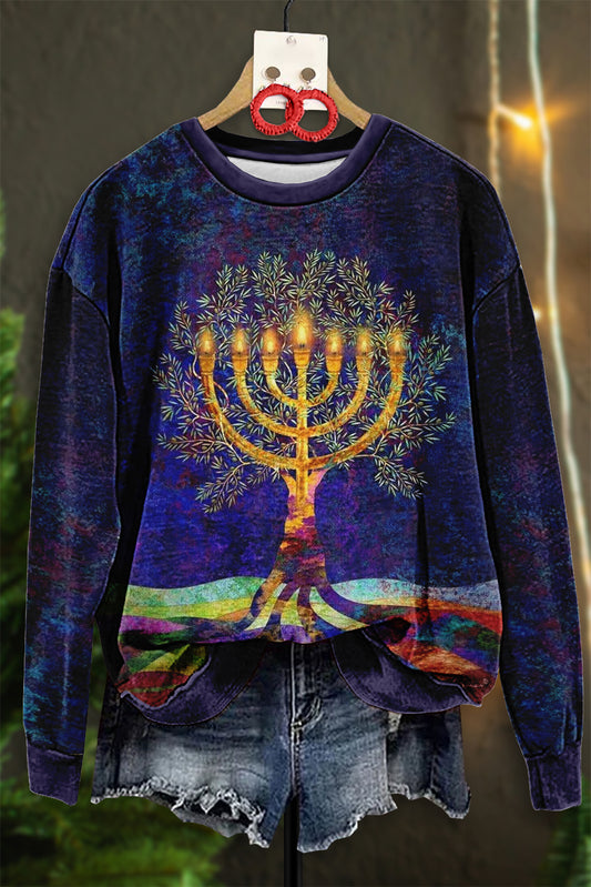 Vintage Hanukkah Menorah Print Sweatshirt