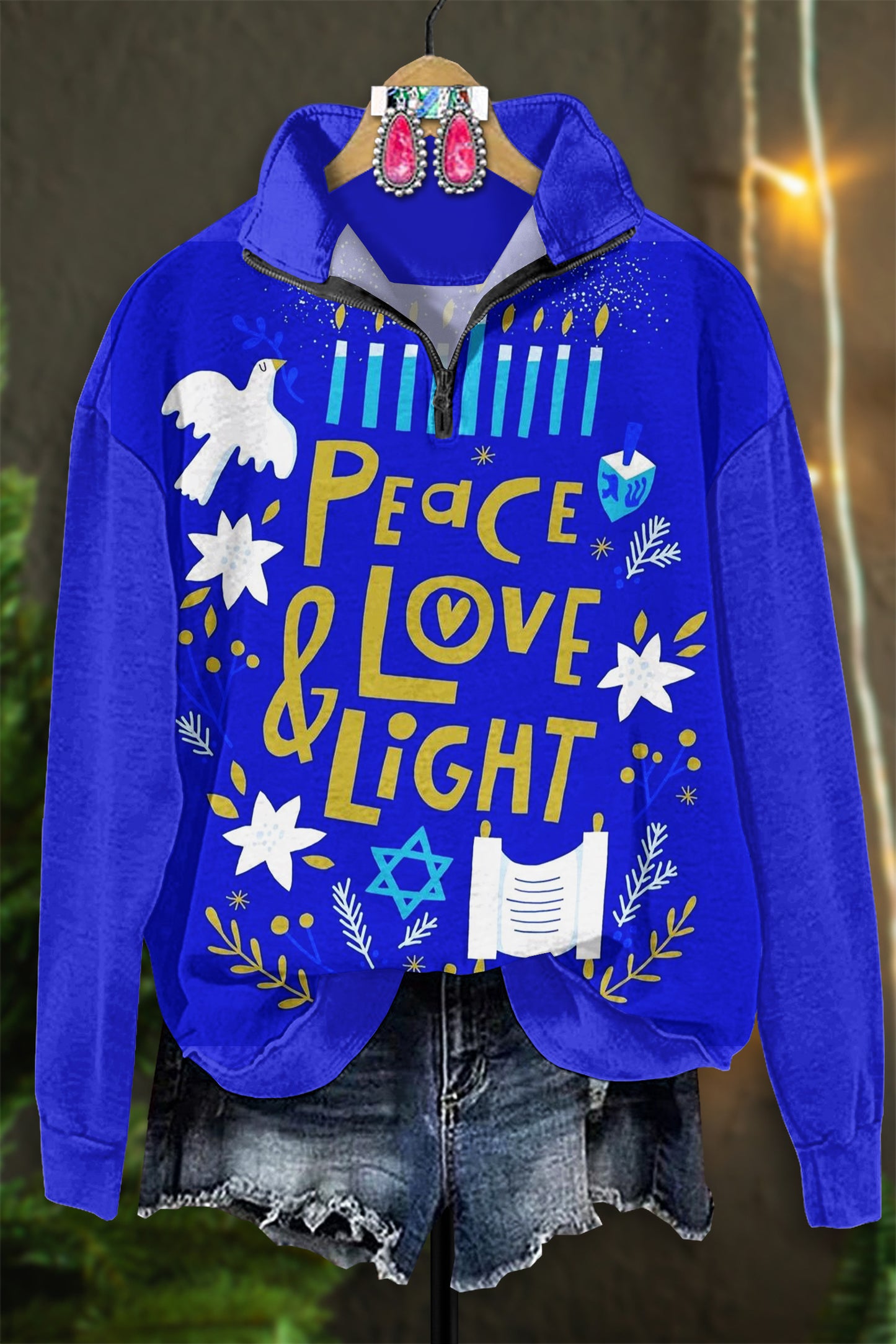 Pretty Hanukkah Print Zip-Up Sweatshirt