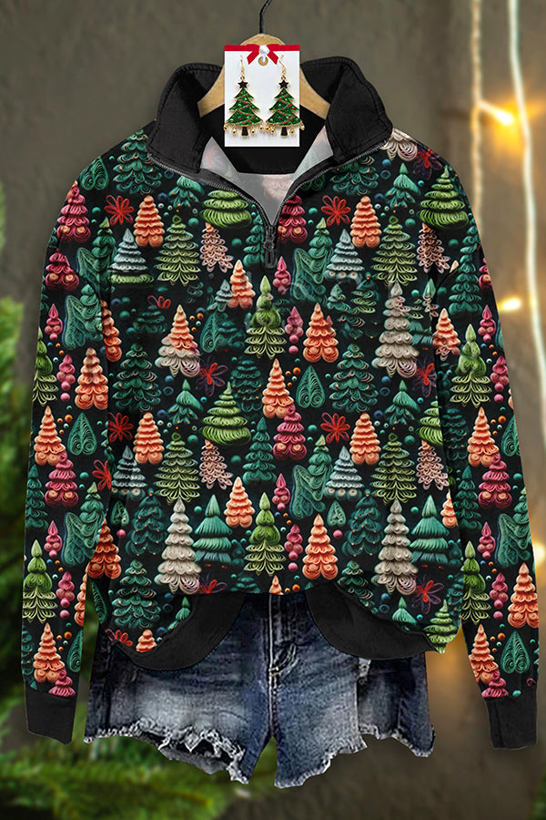 Vintage Christmas Tree Print Zip-Up Sweatshirt