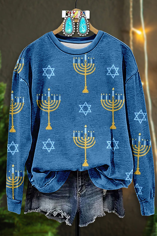 Vintage Hanukkah Menorah Print Sweatshirt