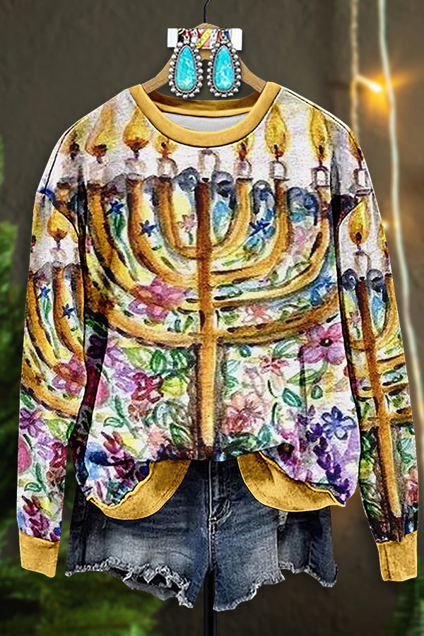 Vintage Hanukkah Menorah Print Sweatshirt