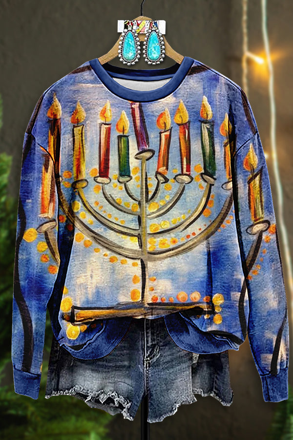 Vintage Hanukkah Menorah Print Sweatshirt