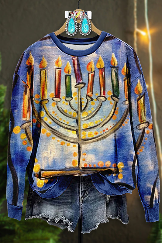 Vintage Hanukkah Menorah Print Sweatshirt