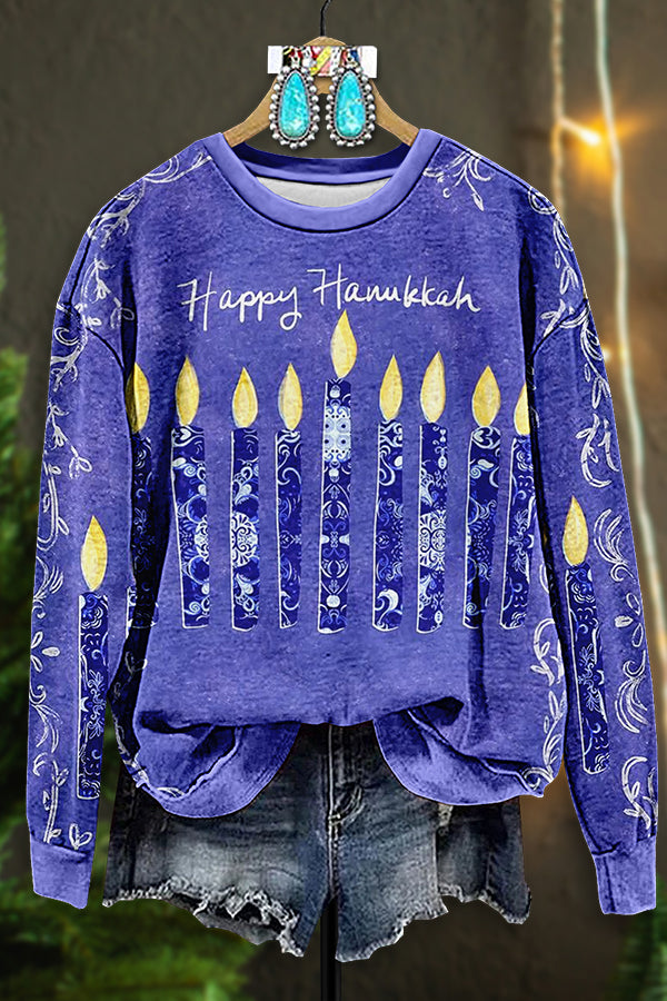 Vintage Hanukkah Menorah Print Sweatshirt