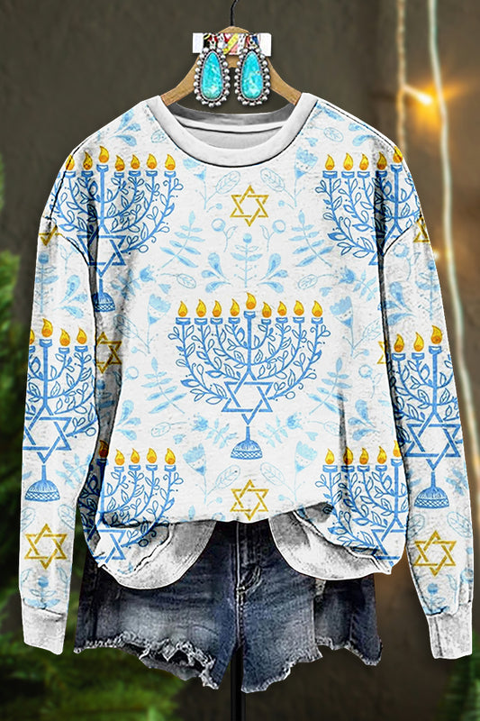 Vintage Hanukkah Menorah Print Sweatshirt