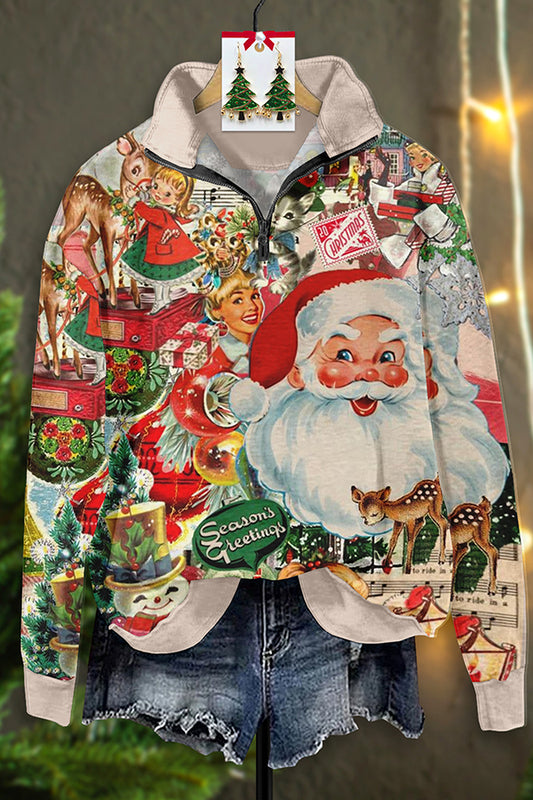 Vintage Santa Print Zip-Up Sweatshirt