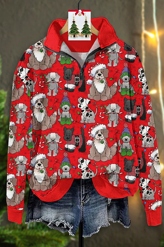 Vintage Christmas Dog Print Zip-Up Sweatshirt