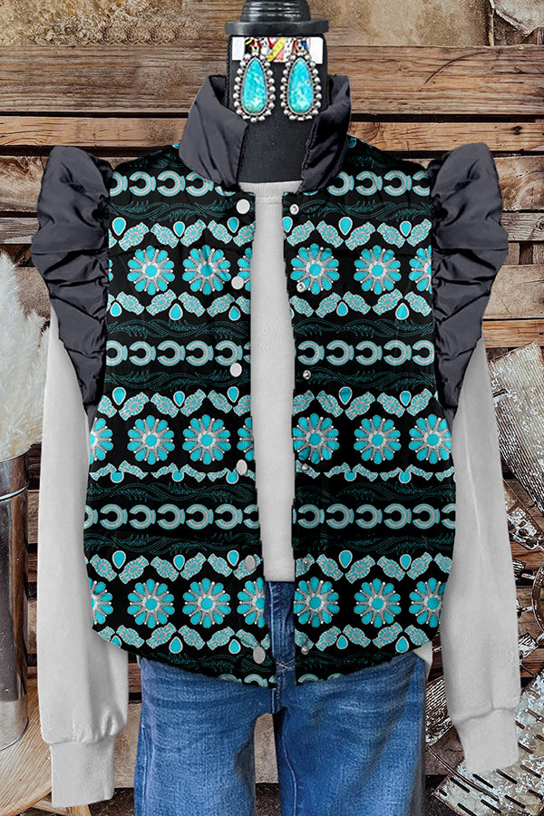 Vintage Western Turquoise Print Ruffle Sleeve Vest