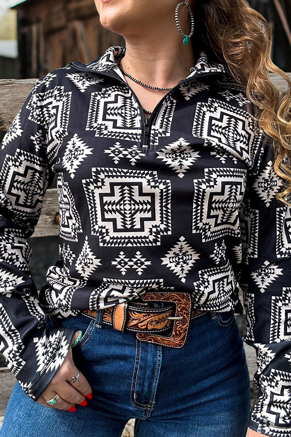 Retro Western Aztec Print Zip-Up Sweatshirt