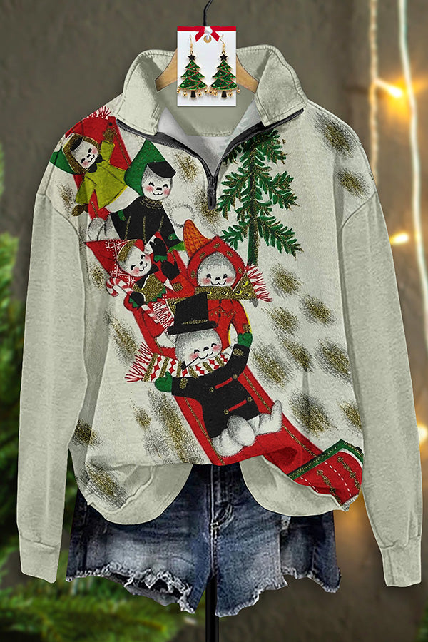 Retro Christmas Snowman Print Zipper Sweatshirt